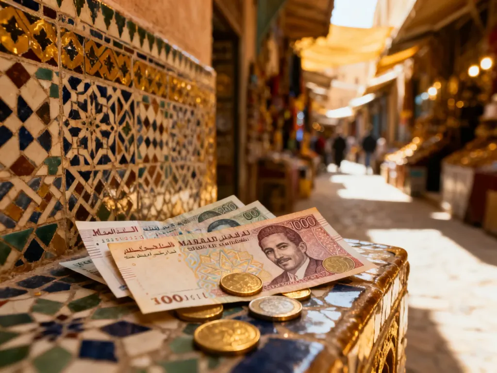 Marokańskie banknoty i monety leżące na tradycyjnej mozaice, w tle rozmyty widok na słoneczny bazar.