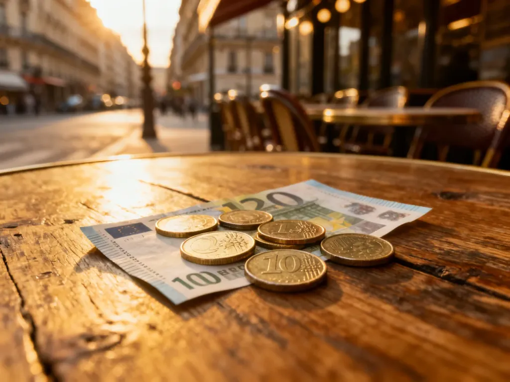 Monety i banknot euro na drewnianym stoliku w paryskiej kawiarni, w tle rozmyty widok na ulicę.