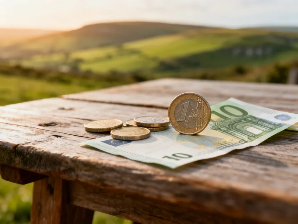Monety i banknoty euro leżące na drewnianym stole na tle zielonego irlandzkiego krajobrazu.