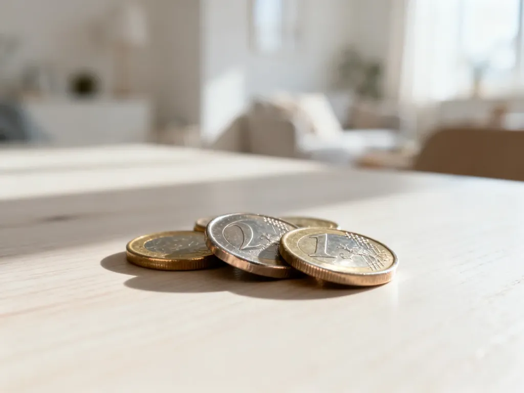 Monety euro leżące na jasnym drewnianym stole w minimalistycznym, skandynawskim wnętrzu.