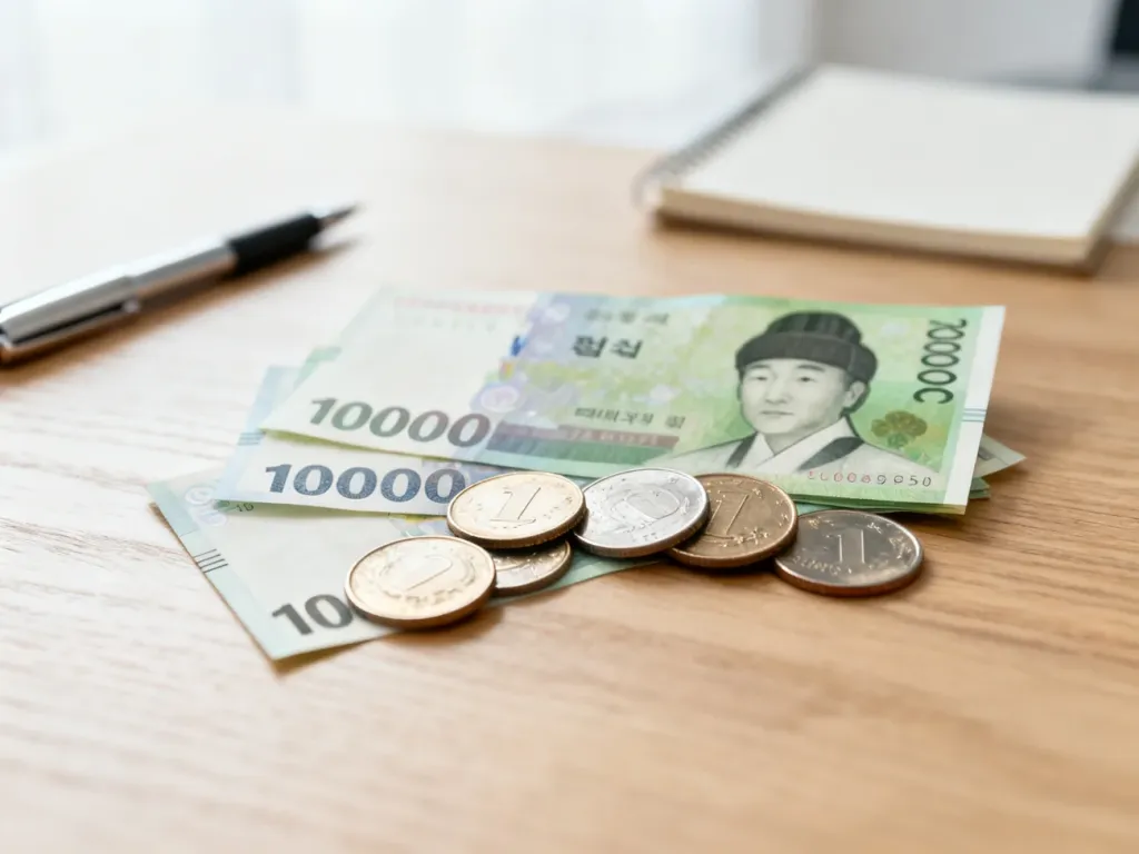 Południowokoreańskie banknoty i monety wyeksponowane na drewnianym blacie, ilustrujące walutę Korei Południowej.