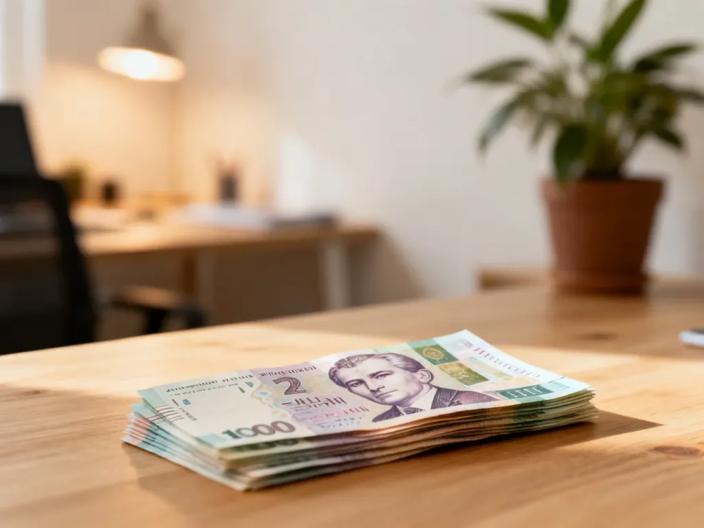 Kilka banknotów hrywny ukraińskiej ułożonych na drewnianym stole w jasnym, domowym biurze.