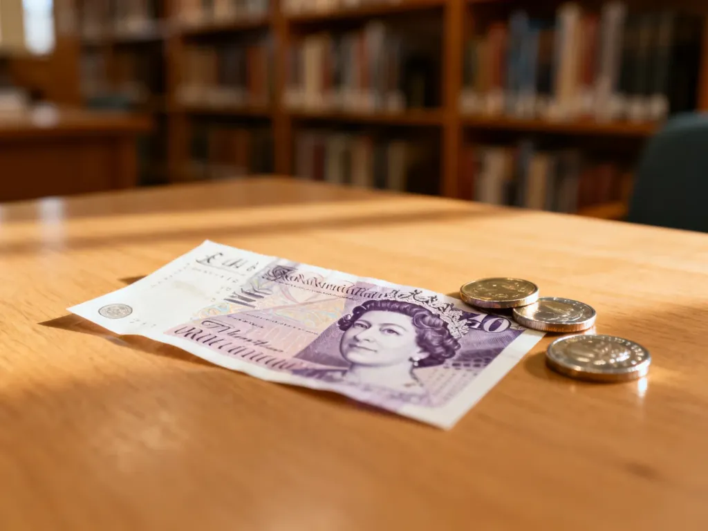 Banknot funta brytyjskiego oraz monety leżące na drewnianym stole w tle biblioteki.