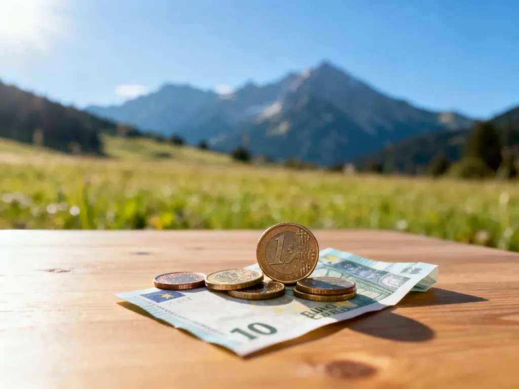 Monety i banknot euro na drewnianym stole na tle rozmytego alpejskiego krajobrazu Austrii.