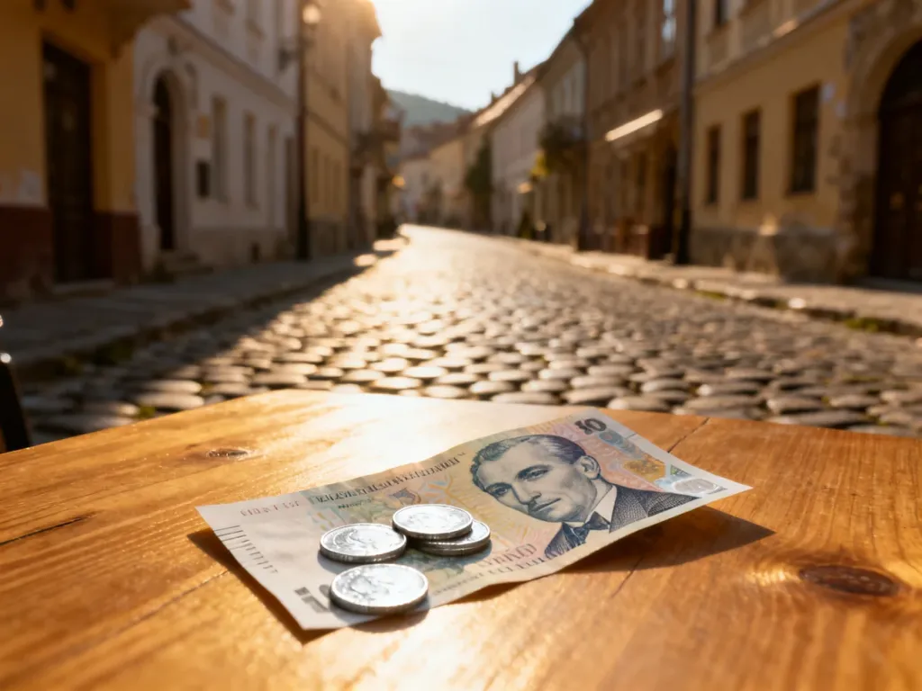 Banknot rumuńskiego leja i monety na drewnianym stole na tle klimatycznej, zabytkowej uliczki w Rumunii.