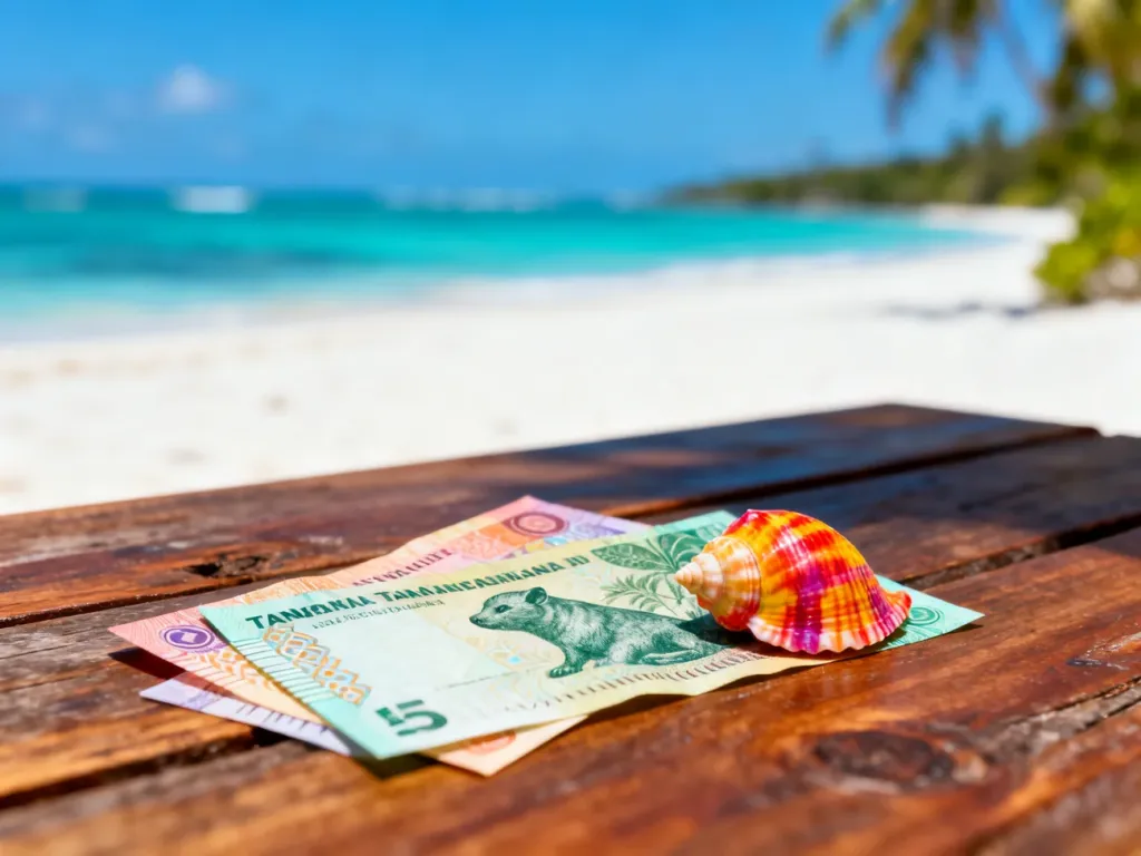 Banknoty szylinga tanzańskiego i muszla na drewnianym stole na tle egzotycznej plaży na Zanzibarze.